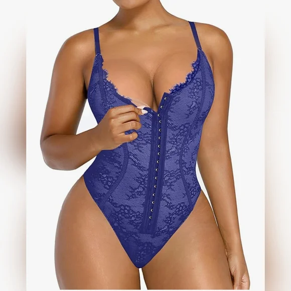 Shapellx NWT Women's Royal Blue Lace Shapewear Bodysuit Size M - Picture 1 of 11